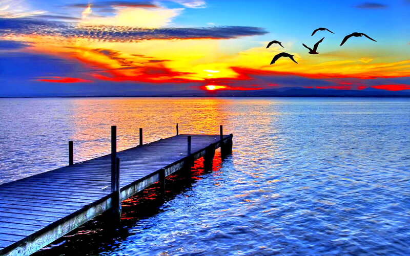 Wooden Pier at Sunset — Blue, Serene, Photograph, Birds, Sky