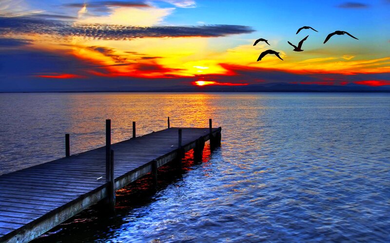 Wooden Pier at Sunset — Blue, Serene, Photograph, Birds