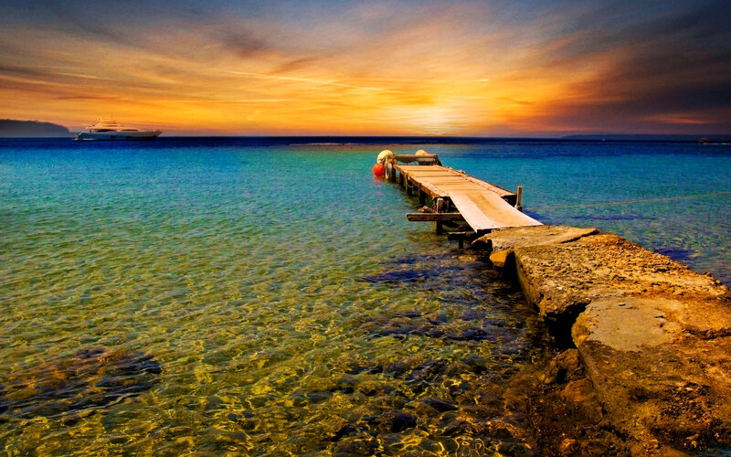 Wooden Pier at Sunset — Blue, Serene, Photograph, Boat