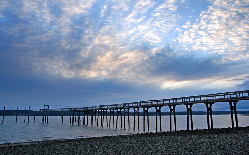 Wooden Pier at Sunset — Blue, Serene, Photograph, Clouds, Water