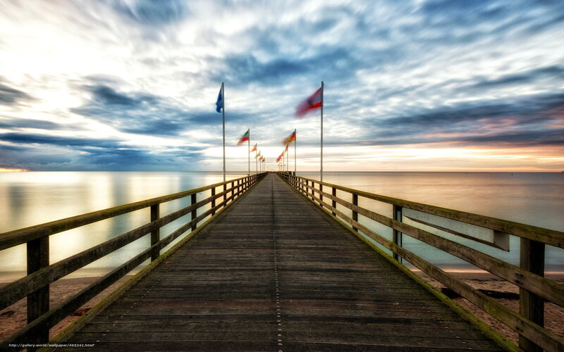 Wooden Pier at Sunset — Blue, Serene, Photograph, Flags, Ocean, Sky