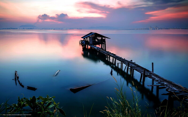 Wooden Pier at Sunset — Blue, Serene, Photograph, Hut, Water