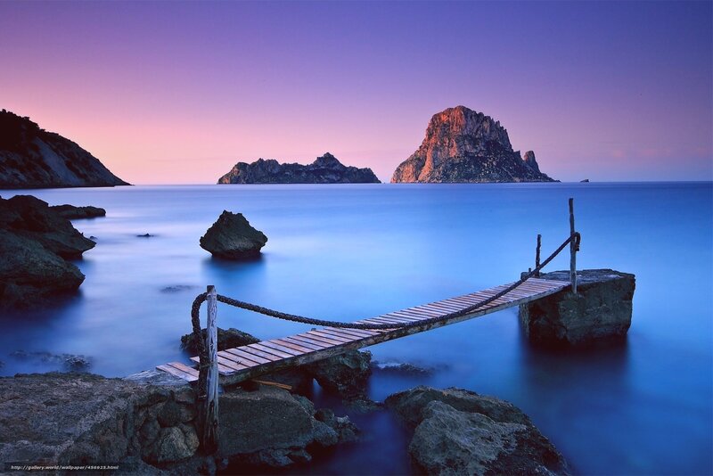 Wooden Pier at Sunset — Blue, Serene, Photograph, Island, Rocks, Sea