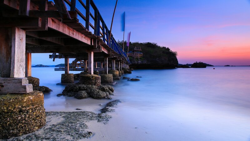 Wooden Pier at Sunset — Blue, Serene, Photograph, Island, Sea