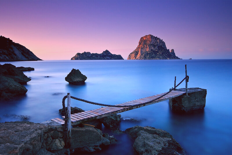 Wooden Pier at Sunset — Blue, Serene, Photograph, Island