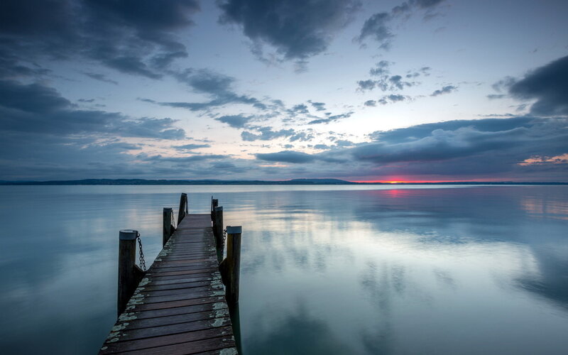 Wooden Pier at Sunset — Blue, Serene, Photograph, Lake, Clouds