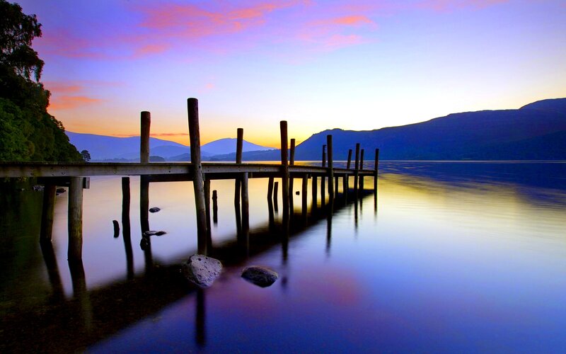 Wooden Pier at Sunset — Blue, Serene, Photograph, Lake, Mountains