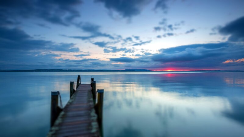 Wooden Pier at Sunset — Blue, Serene, Photograph, Lake, Sky, Clouds
