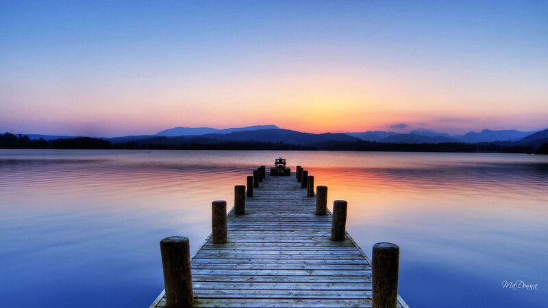 Wooden Pier at Sunset — Blue, Serene, Photograph, Lake
