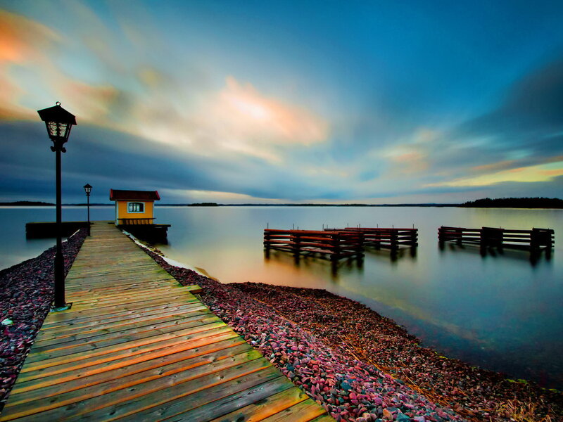 Wooden Pier at Sunset — Blue, Serene, Photograph, Lamp Post