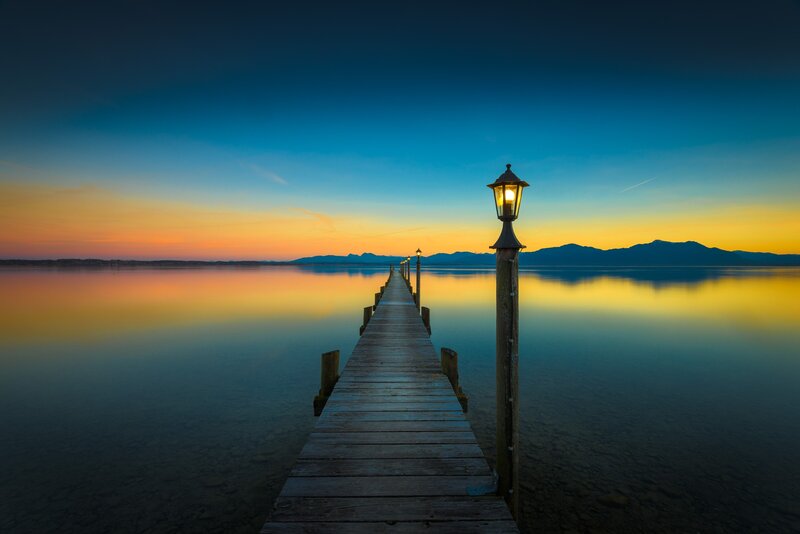 Wooden Pier at Sunset — Blue, Serene, Photograph, Lamp
