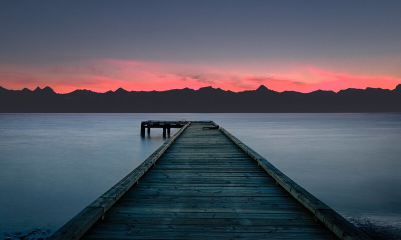 Wooden Pier at Sunset — Blue, Serene, Photograph, Mountains