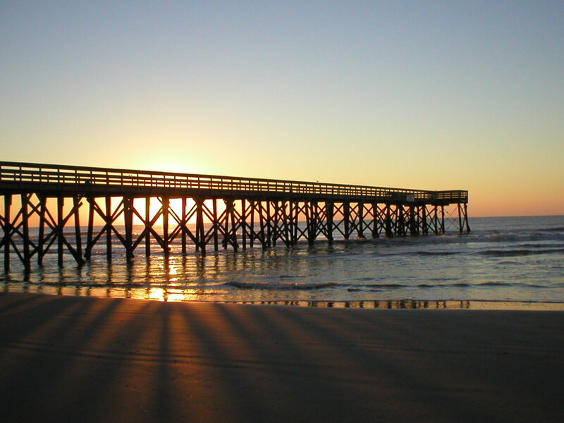 Wooden Pier at Sunset — Blue, Serene, Photograph, Ocean, Beach