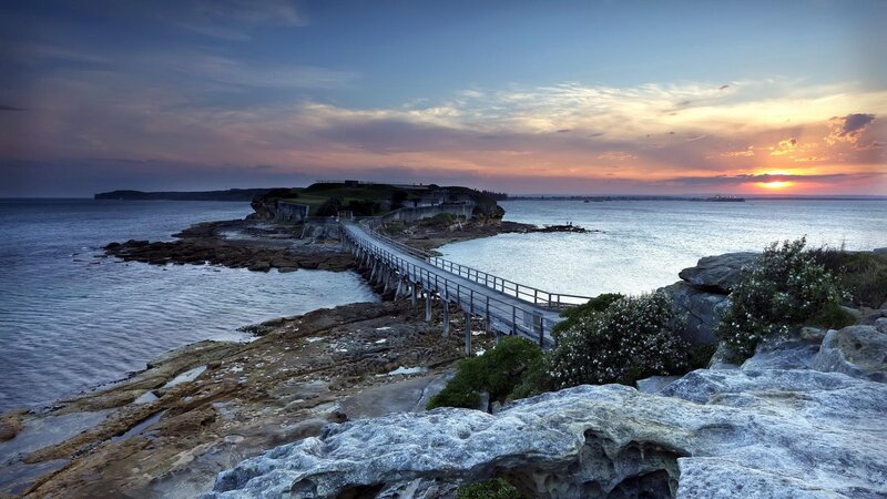 Wooden Pier at Sunset — Blue, Serene, Photograph, Ocean, Rocks