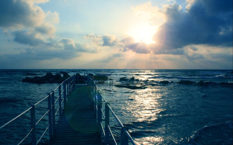 Wooden Pier at Sunset — Blue, Serene, Photograph, Ocean, Sun, Clouds