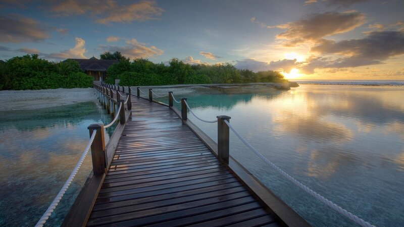 Wooden Pier at Sunset — Blue, Serene, Photograph, Ocean, Trees
