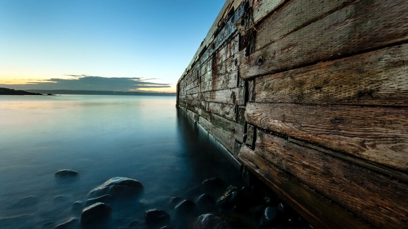 Wooden Pier at Sunset — Blue, Serene, Photograph, Sea, Sky