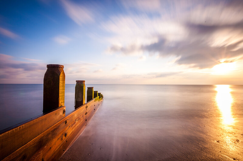Wooden Pier at Sunset — Blue, Serene, Photograph, Sea