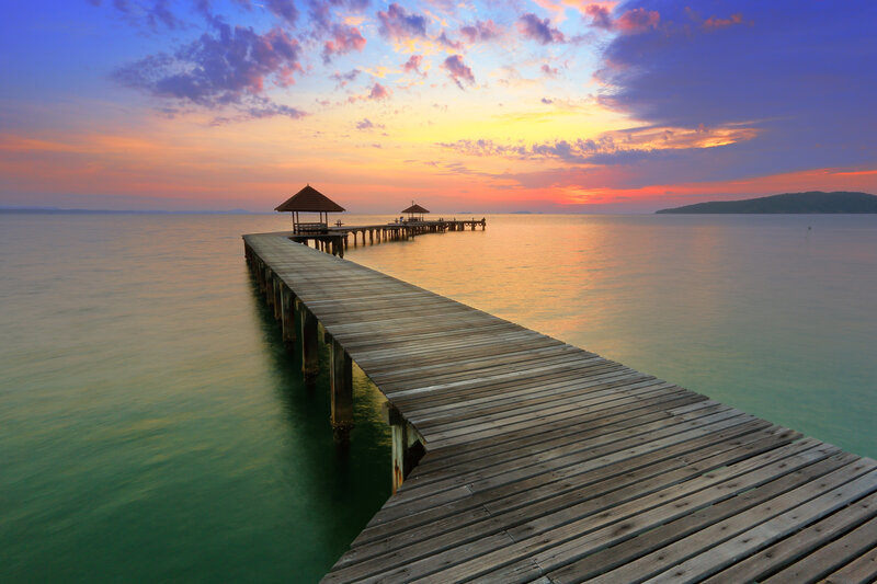 Wooden Pier at Sunset — Blue, Serene, Photograph, Sky, Water
