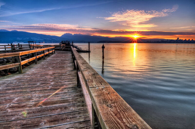 Wooden Pier at Sunset — Blue, Serene, Photograph, Sun, Mountains