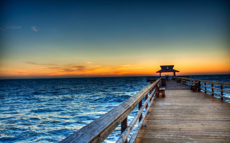 Wooden Pier at Sunset — Blue, Serene, Photograph