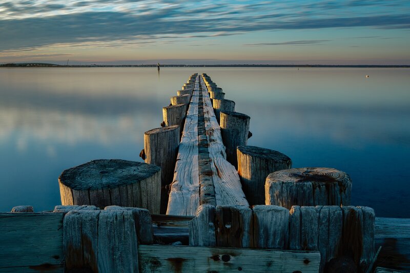 Wooden Pier at Sunset — Blue, Serene, Photograph, Water, Sky, Clouds