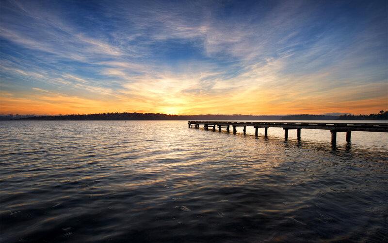 Wooden Pier at Sunset — Blue, Serene, Photograph, Water, Sky