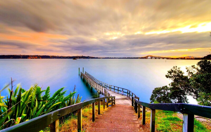 Wooden Pier at Sunset — Blue, Serene, Photograph, Water