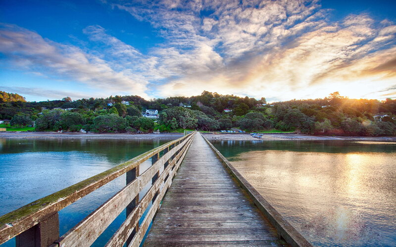 Wooden Pier at Sunset — Blue, Serene, Photograph, Water, Trees