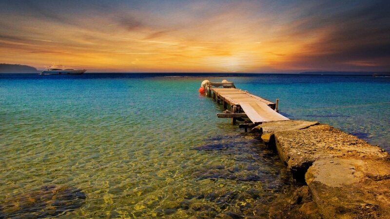 Wooden Pier at Sunset — Blue, Serene, Photograph, Yacht