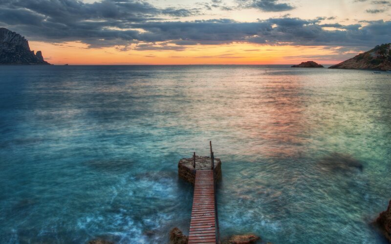 Wooden Pier at Sunset — Blue, Serene