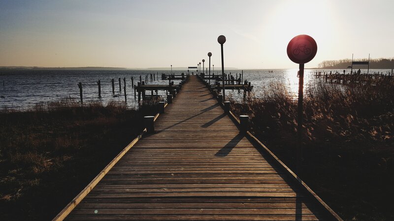 Wooden Pier at Sunset — Brown, Serene, Photograph, Lake, Sign