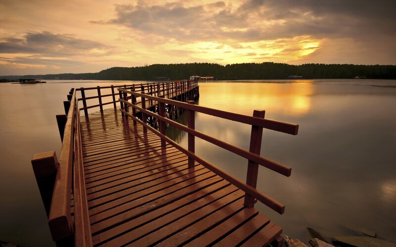 Wooden Pier at Sunset — Brown, Serene, Photograph, Water