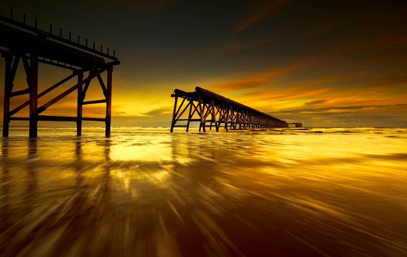 Wooden Pier at Sunset — Gold, Dramatic