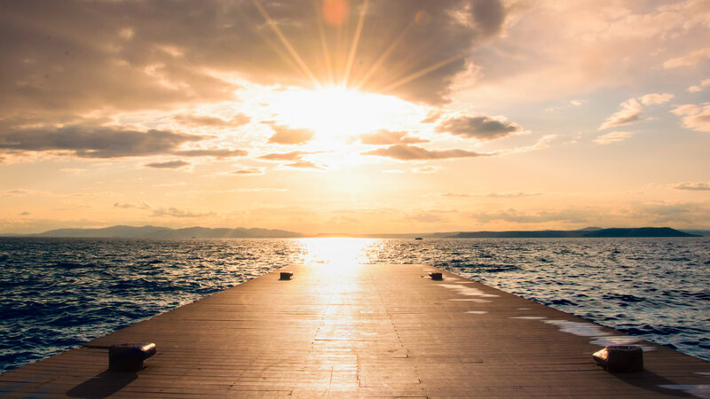 Wooden Pier at Sunset — Gold, Serene, Photograph, Sun