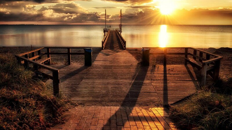 Wooden Pier at Sunset — Gold, Serene, Photograph