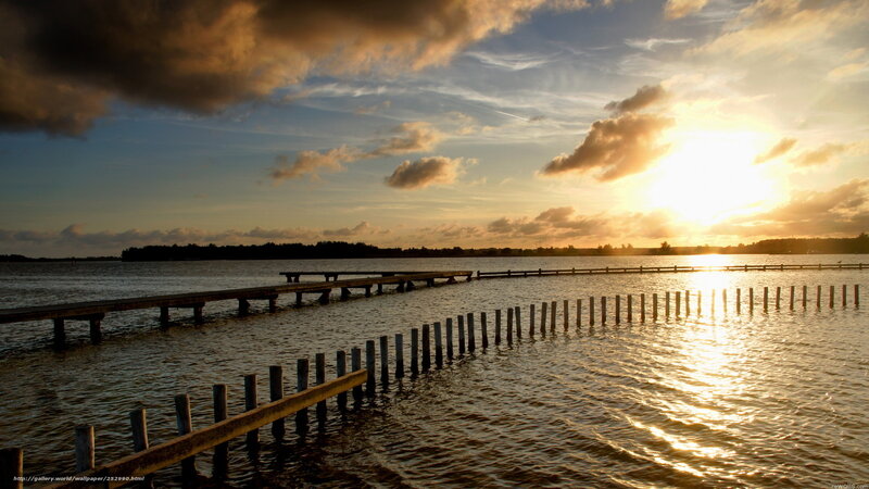 Wooden Pier at Sunset — Gold, Serene, Photograph, Water