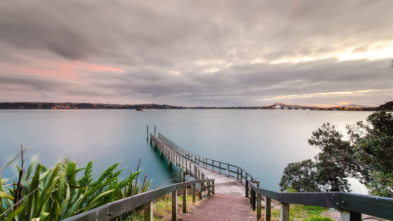 Wooden Pier at Sunset — Gray, Serene