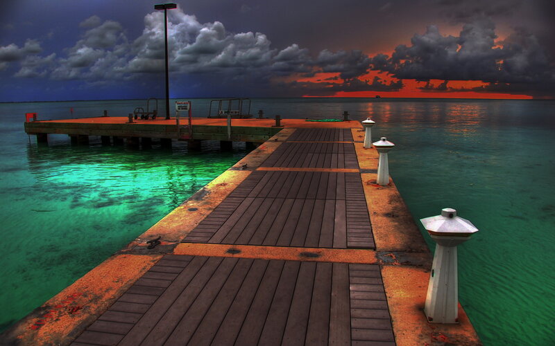Wooden Pier at Sunset — Green, Dramatic
