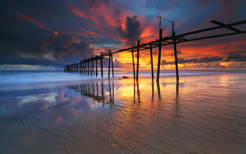 Wooden Pier at Sunset — Orange, Dramatic, Photograph, Beach, Sky
