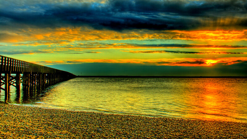Wooden Pier at Sunset — Orange, Dramatic, Photograph, Beach