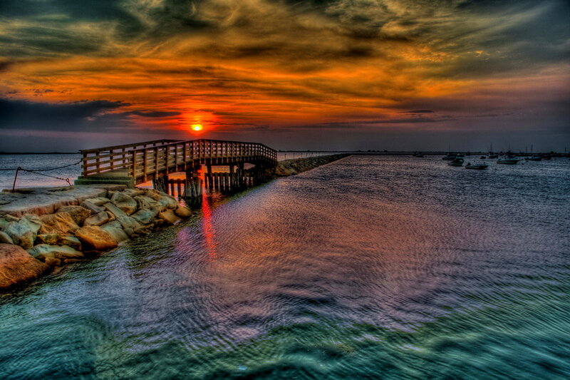 Wooden Pier at Sunset — Orange, Dramatic, Photograph, Boats, Rocks
