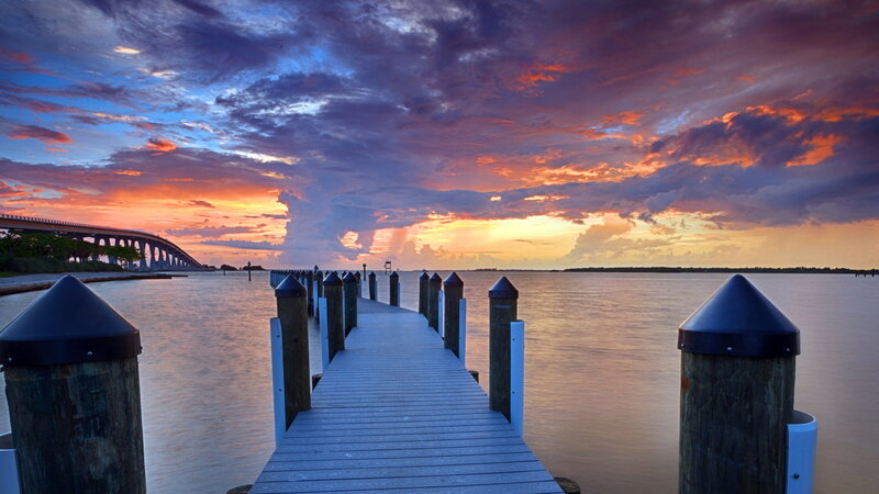 Wooden Pier at Sunset — Orange, Dramatic, Photograph, Bridge