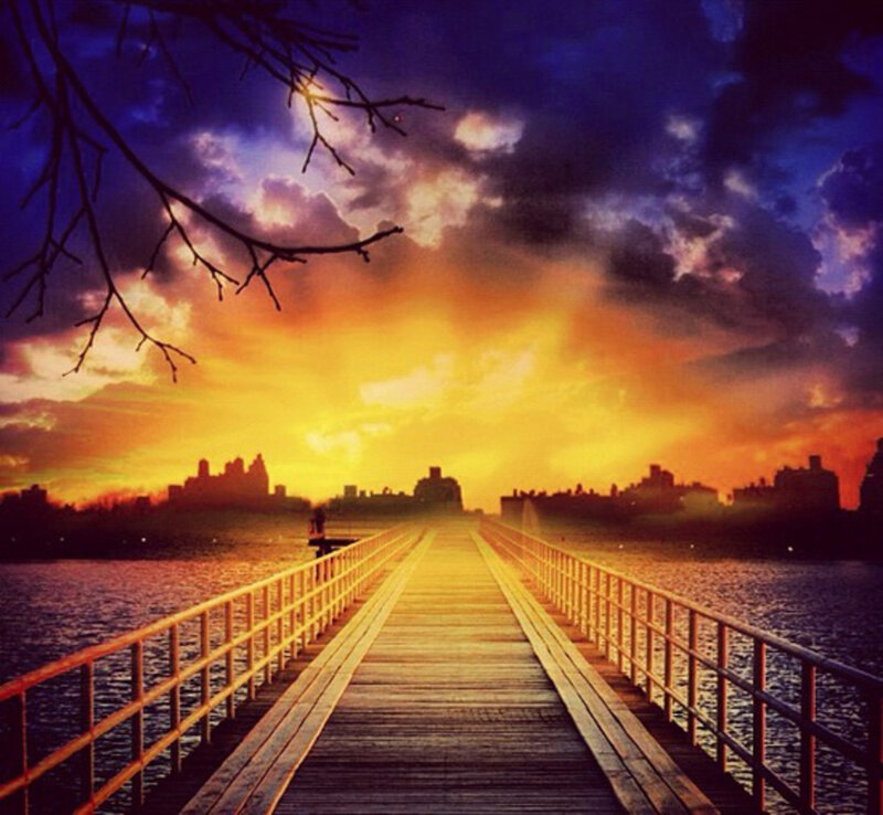 Wooden Pier at Sunset — Orange, Dramatic, Photograph, City Skyline