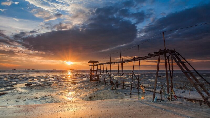 Wooden Pier at Sunset — Orange, Dramatic, Photograph, Clouds
