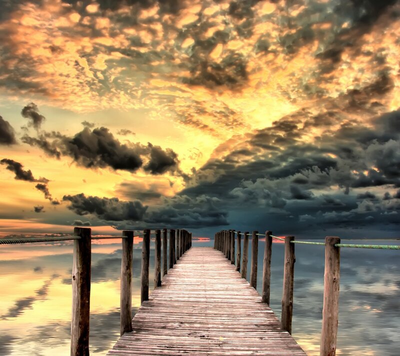 Wooden Pier at Sunset — Orange, Dramatic, Photograph, Clouds, Water