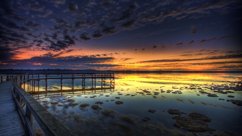 Wooden Pier at Sunset — Orange, Dramatic, Photograph, Lake, Clouds