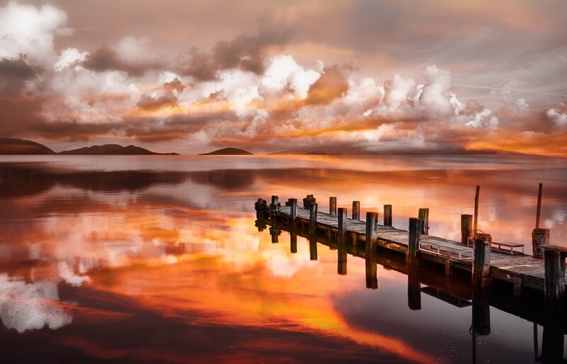 Wooden Pier at Sunset — Orange, Dramatic, Photograph, Lake