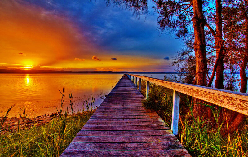 Wooden Pier at Sunset — Orange, Dramatic, Photograph, Lake, Trees