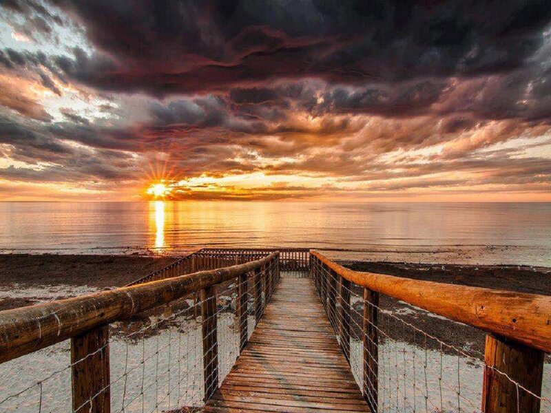 Wooden Pier at Sunset — Orange, Dramatic, Photograph, Ocean, Clouds, Sun